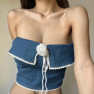 Lace Trim Denim Tube Top