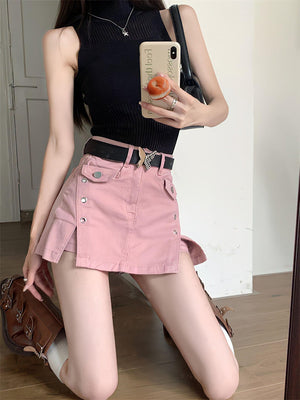 Pink Side Slit Denim Mini Skort
