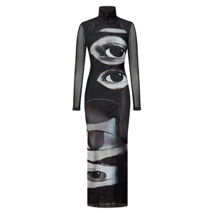 Grunge Aesthetic Eyes Print Maxi Dress