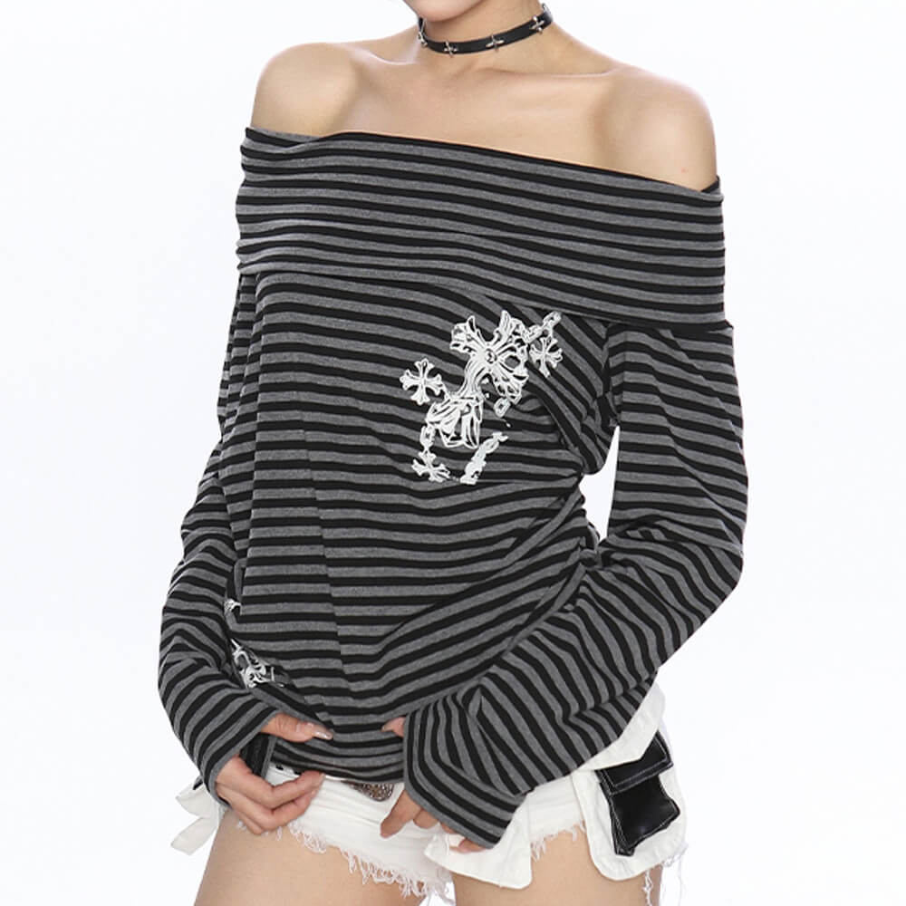 2000s Cold Shoulder Drama Striped Top