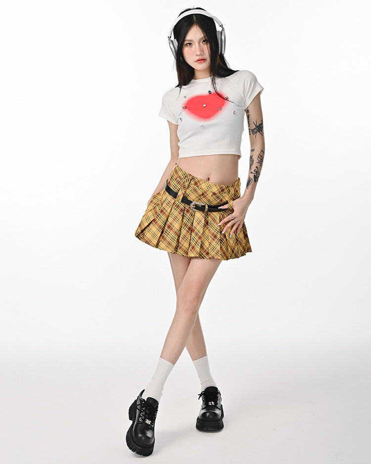 Double Belt Plaid Pleated Skirt in Yellow