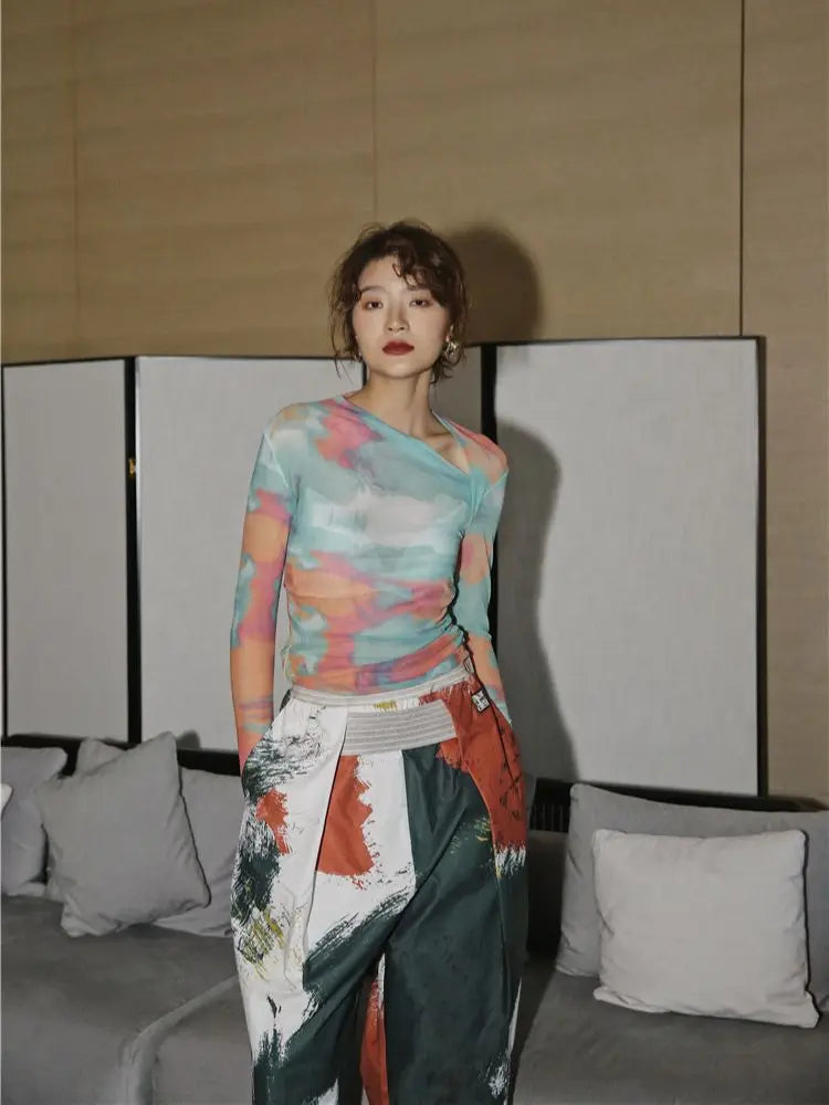 Asymmetric Tie Dye Mesh Top