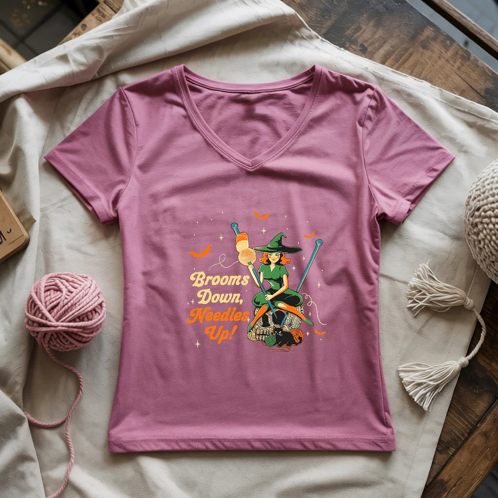 Broom Down, Needles Up Lady V-neck