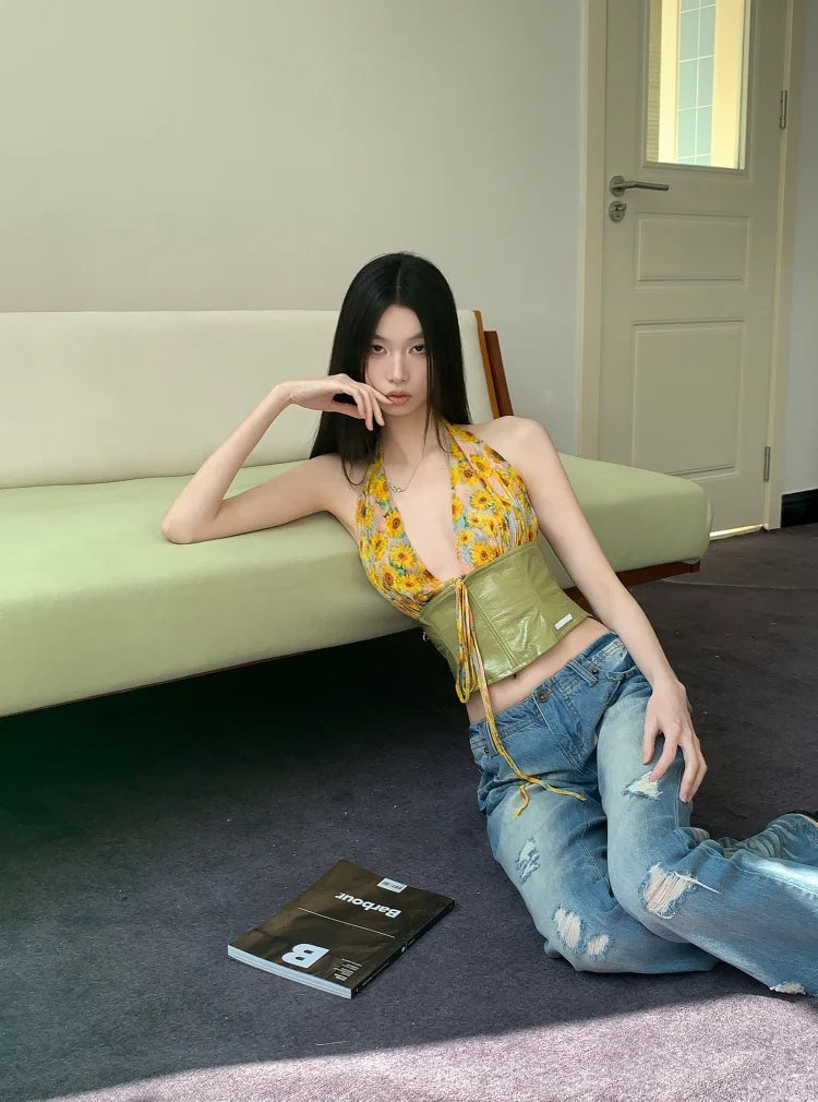 Floral Tie Front Halter Crop Top