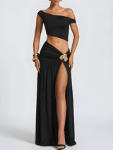 Off Shoulder Crop Top & Slit Maxi Dress Two Piece Set