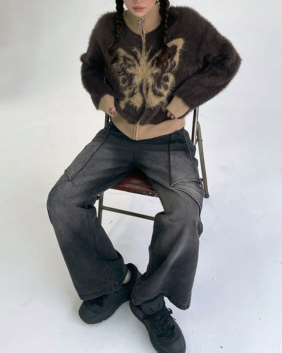 Butterfly Print Fuzzy Bomber