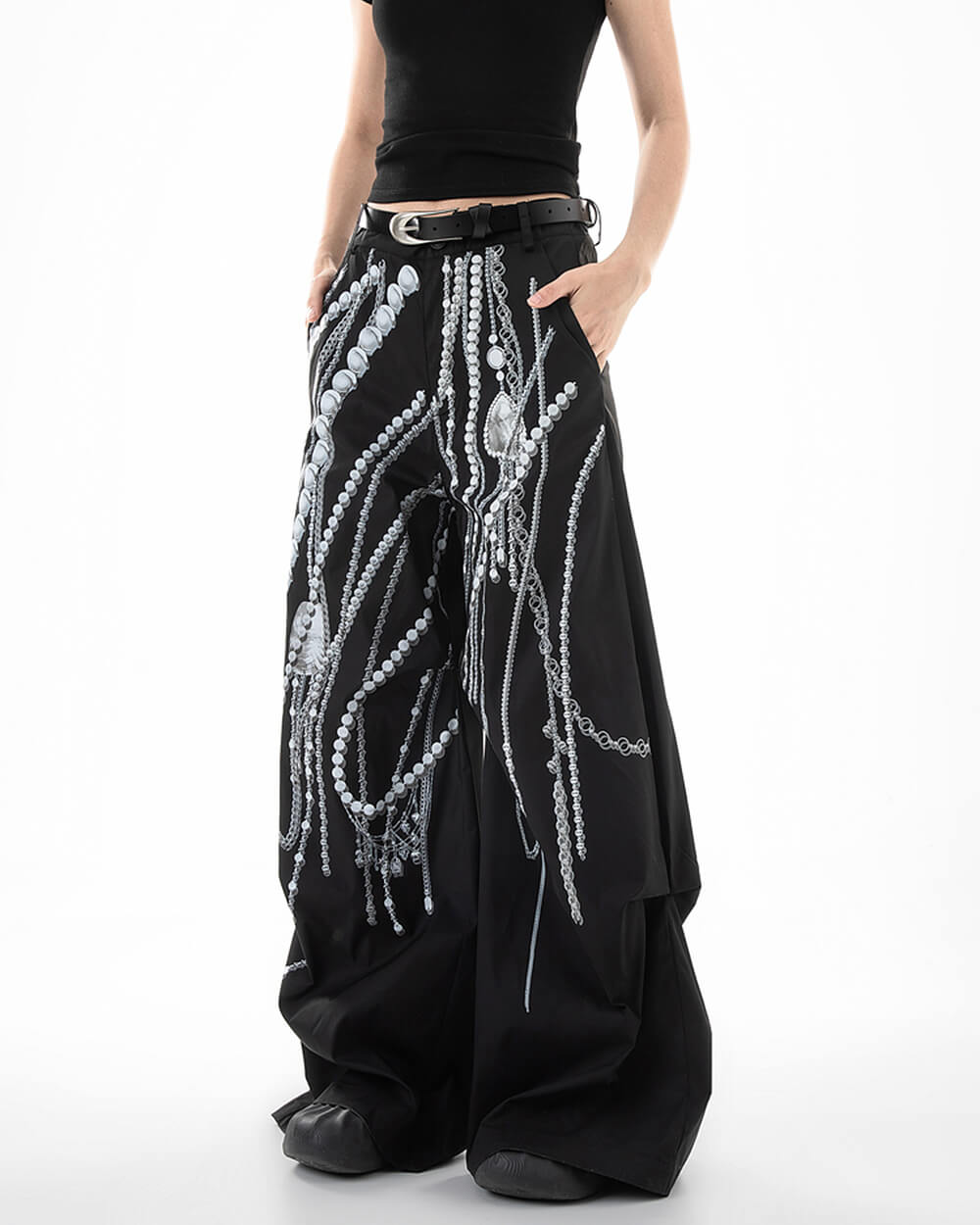 Black Wide-Leg Pants with Pearl Chain Print