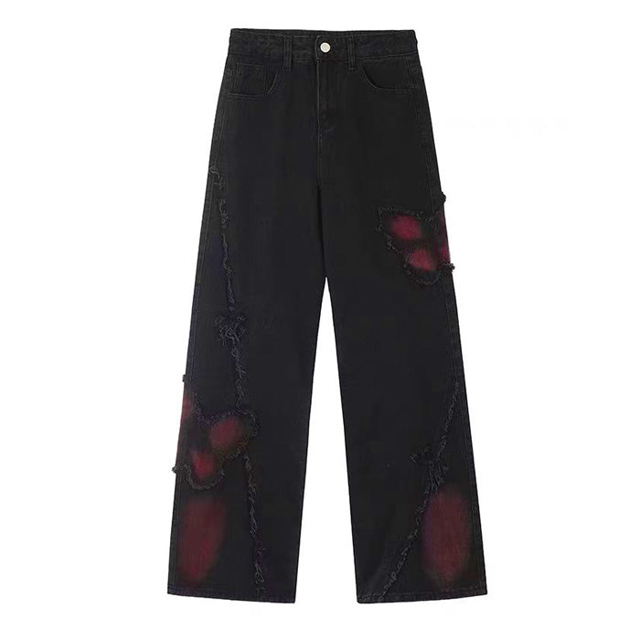 Grunge Aesthetic Black & Red Butterfly Jeans