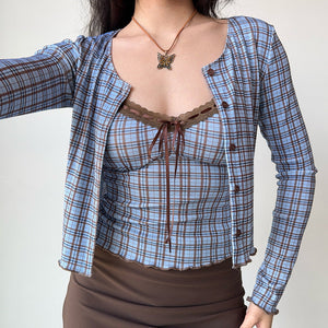 Gossip Goes Around Plaid Top + Cardigan Set