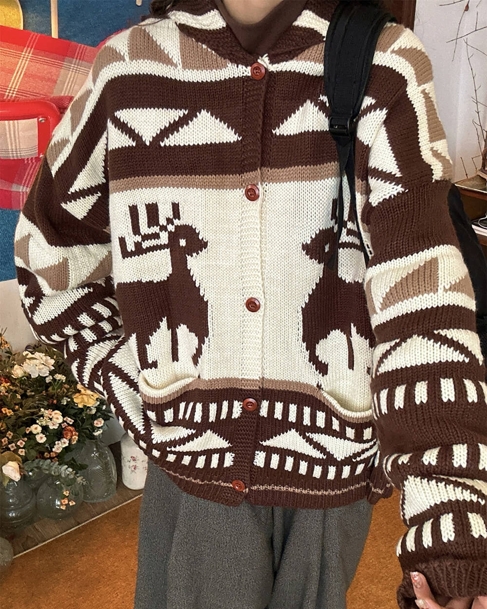 Brown Reindeer Knit Hooded Cardigan