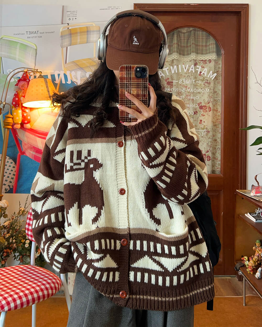 Brown Reindeer Knit Hooded Cardigan