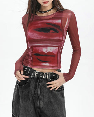 Eye & Lips Print Mesh Top in Red