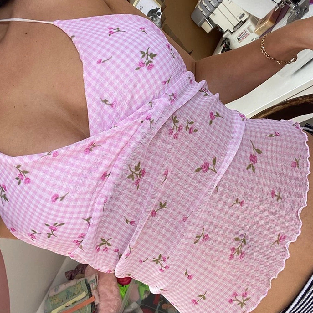 Floral Gingham Y2K Halter Top