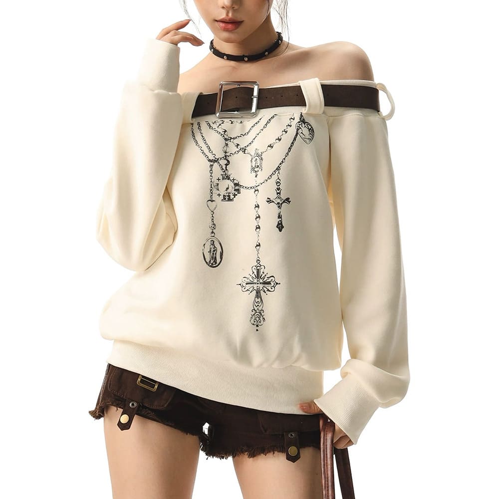 Grunge Aesthetic Off-Shoulder Sweatshirt