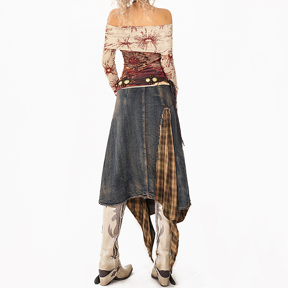 Grunge Patchwork Plaid Denim Skirt