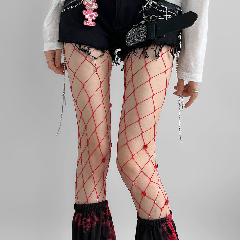 Heart Rhinestone Fishnet Tights