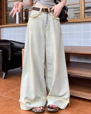 Light Blue Frayed Wide-Leg Jeans