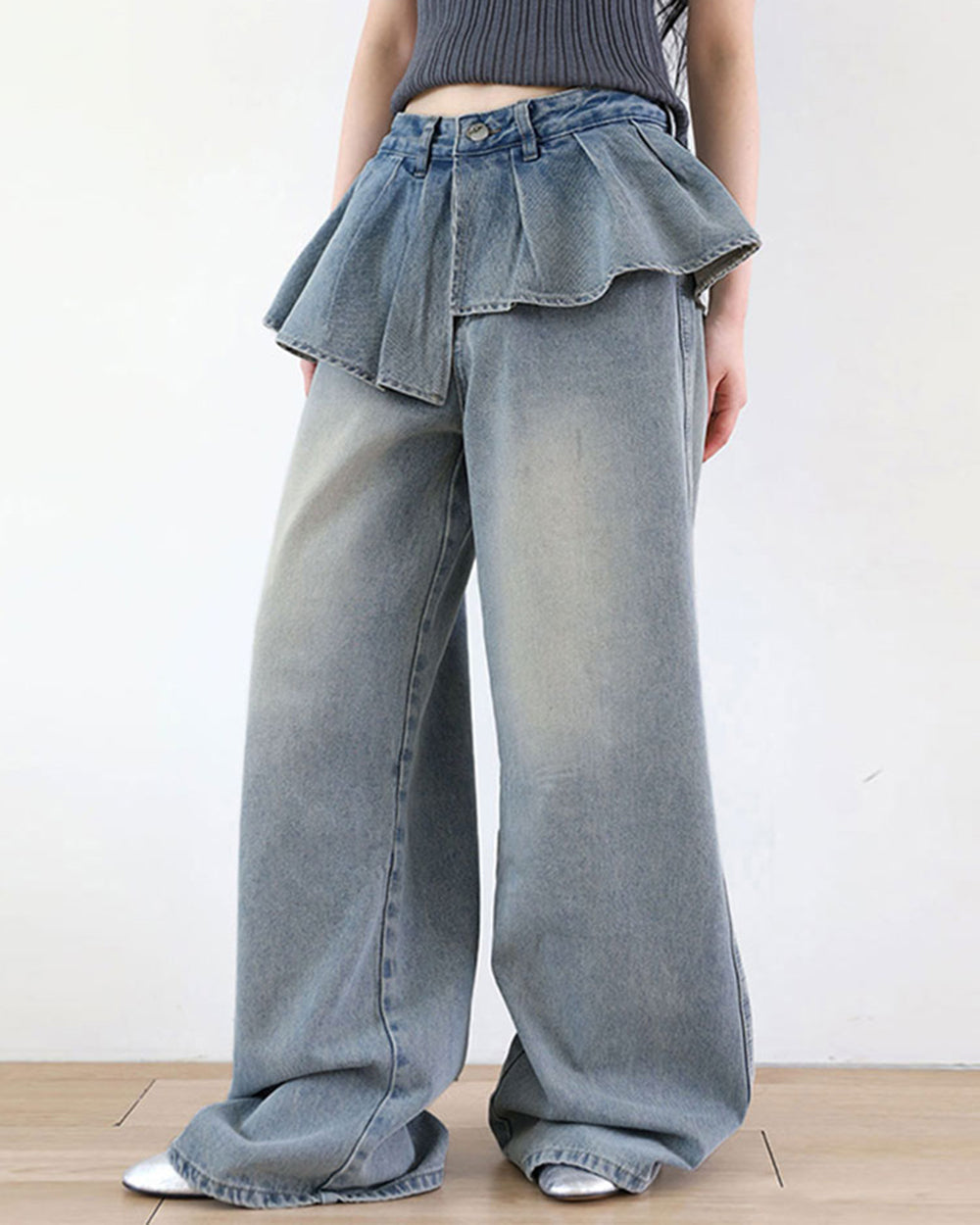 Peplum Waist Denim Wide Leg Jeans