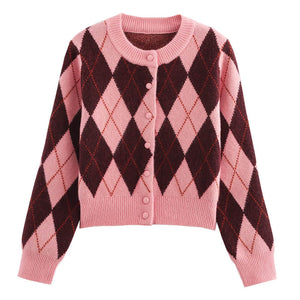Pink & Red Argyle Pattern Cardigan