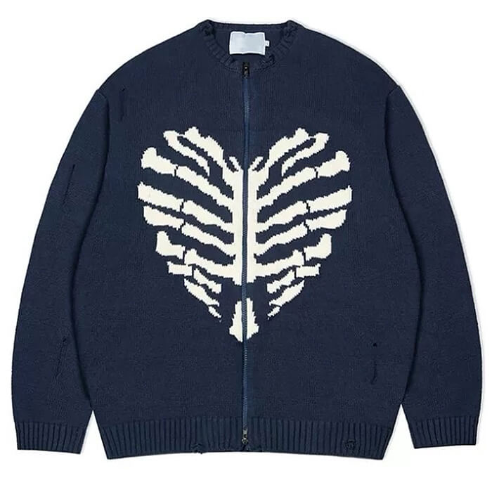 Skeleton Print Zip Up Sweater
