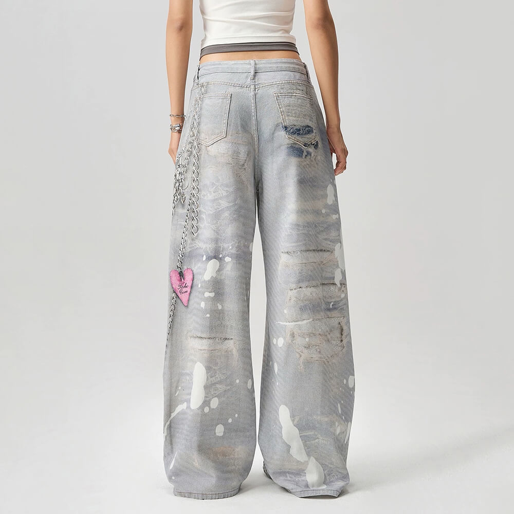 Washed Grey Y2K Chain Print Jeans