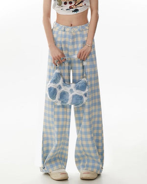 Wide-Leg Blue Gingham Trousers