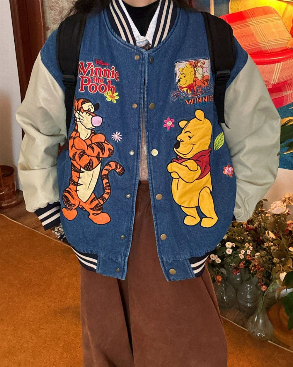 Cartoon Embroidery Denim Bomber Jacket