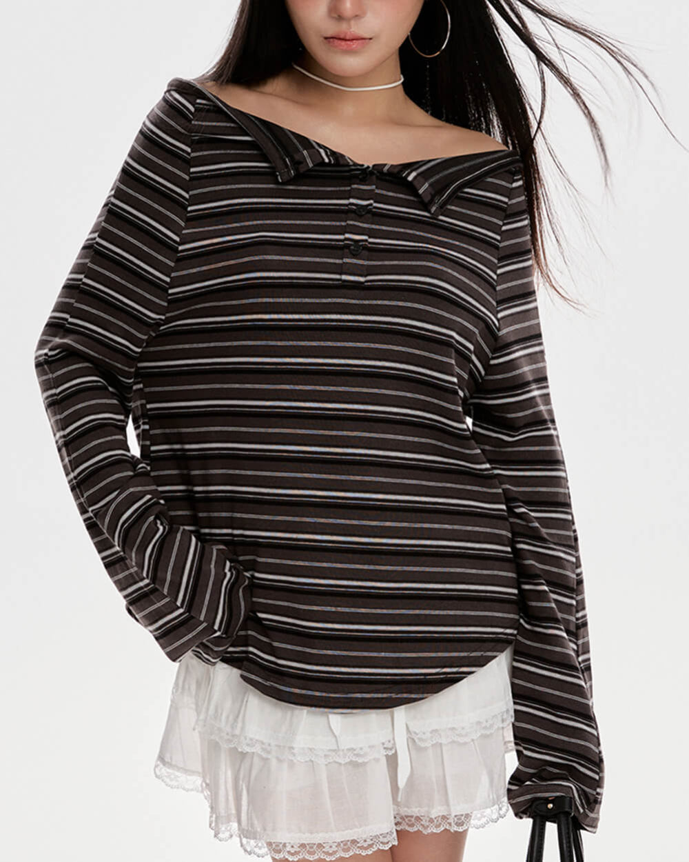 Y2K Off-Shoulder Henley Longsleeve