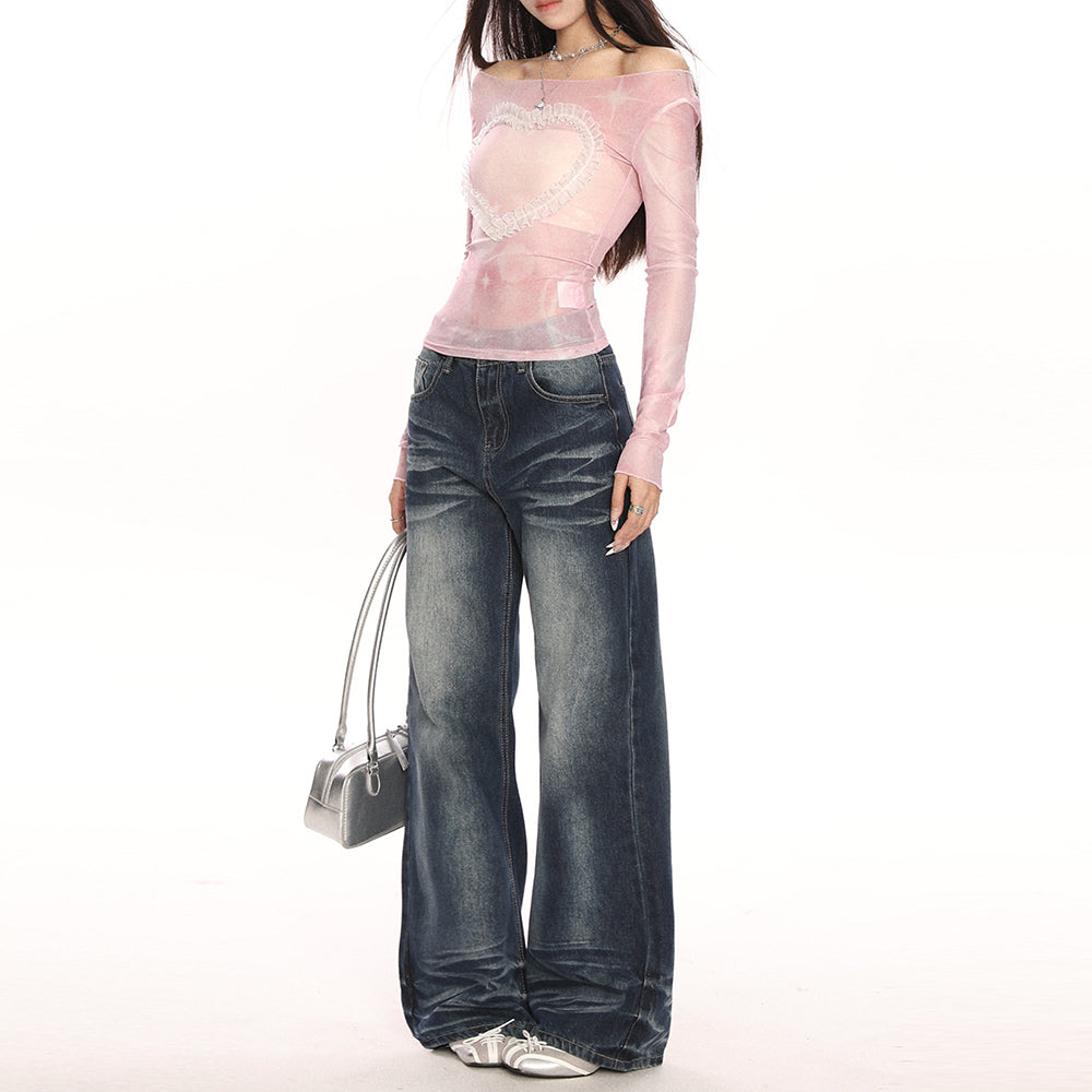 Y2K Ruffled Heart Long Sleeve Top