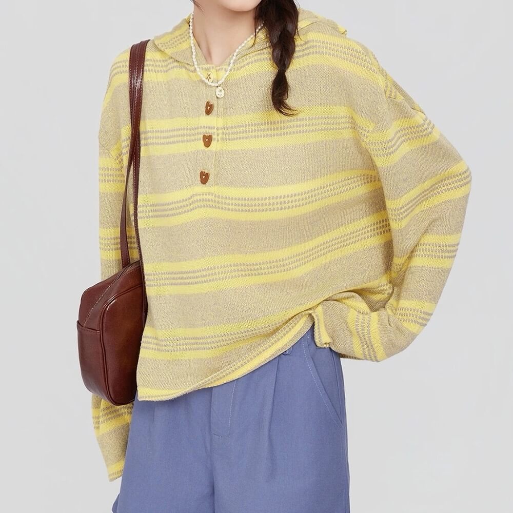 Yellow Striped Heart Buttons Hoodie