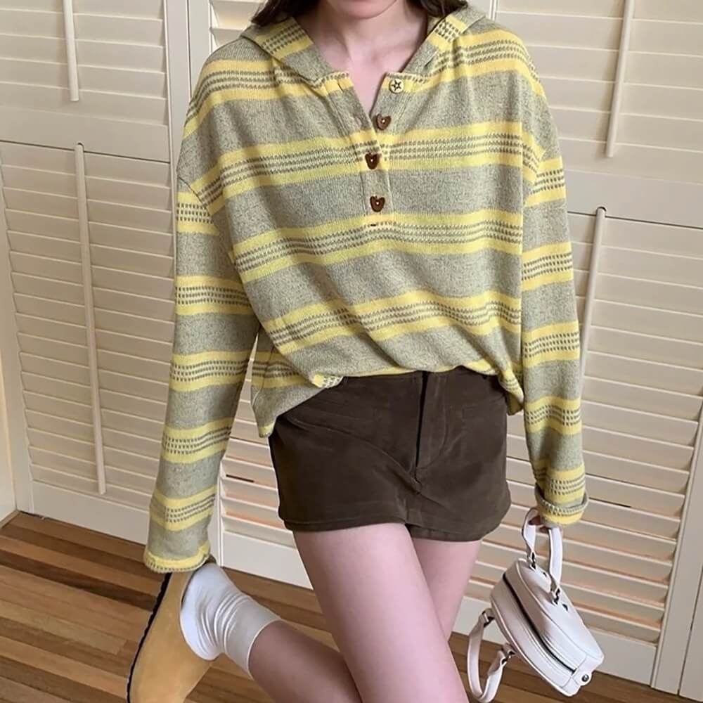 Yellow Striped Heart Buttons Hoodie